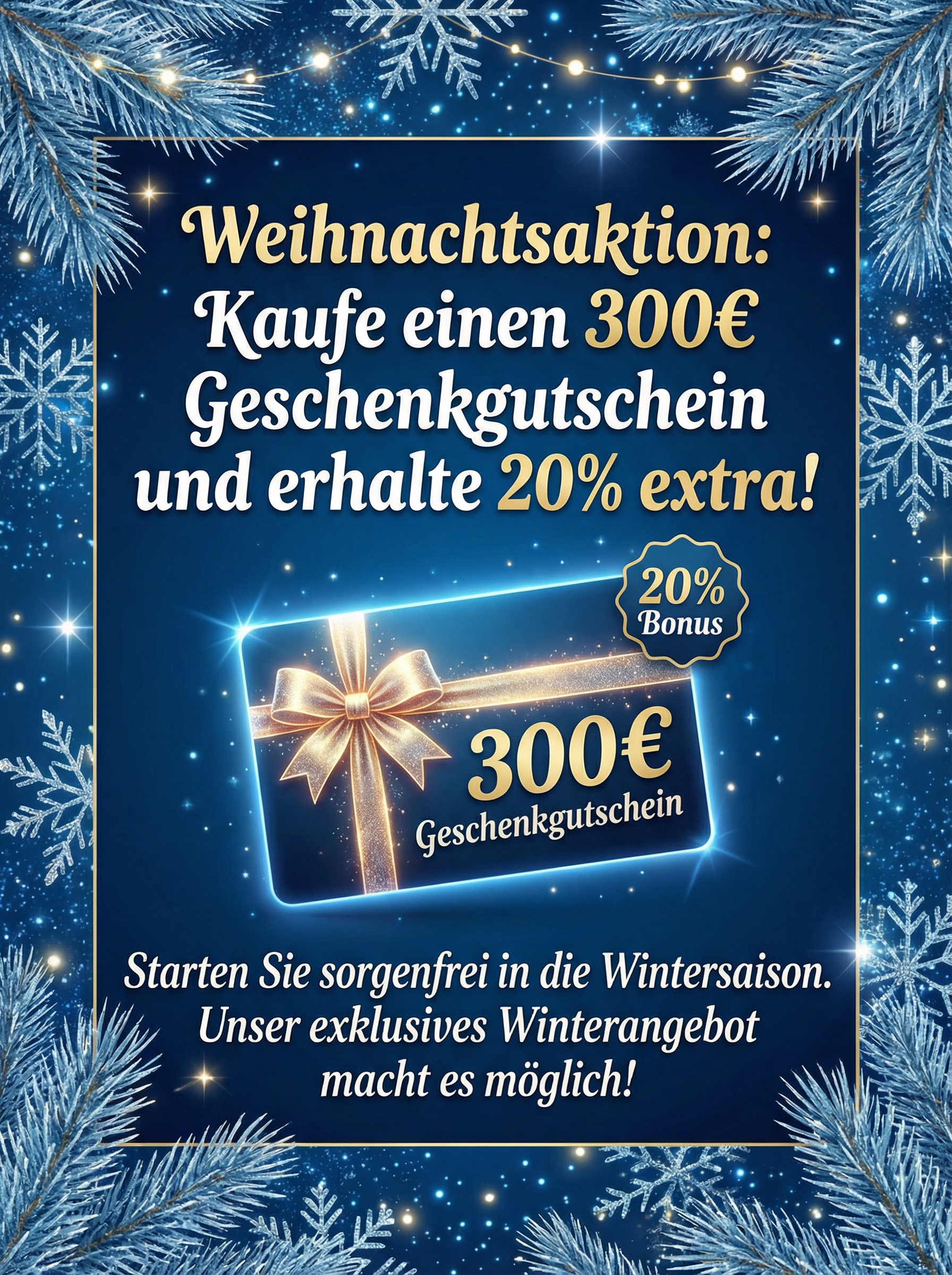Eine festliche deutsche Werbung mit Schneeflocken und einer leuchtenden Geschenkkarte. Der Text wirbt für ein Weihnachtsangebot: Kaufen Sie einen 300€-Gutschein und erhalten Sie 20 % Rabatt. Die Anzeige ermutigt zum Weihnachtseinkauf mit einem exklusiven Winterangebot.