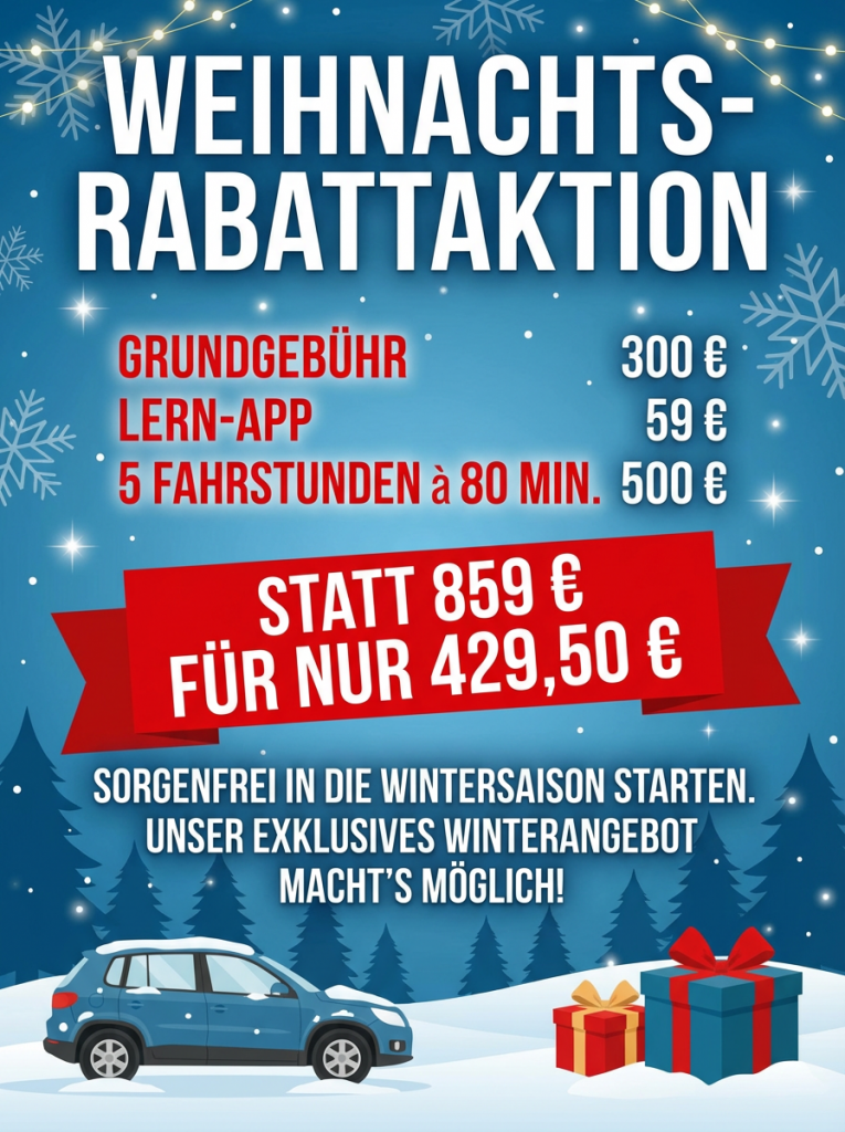 Eine festliche Winterwerbung mit Schnee, einem Auto und Geschenken. Sie wirbt für ein Weihnachtsangebot: eine Lern-App, eine Anmeldegebühr und fünf 80-minütige Lektionen für 429,50 €, reduziert von 859 €. Die Farben Blau, Rot und Weiß dominieren.