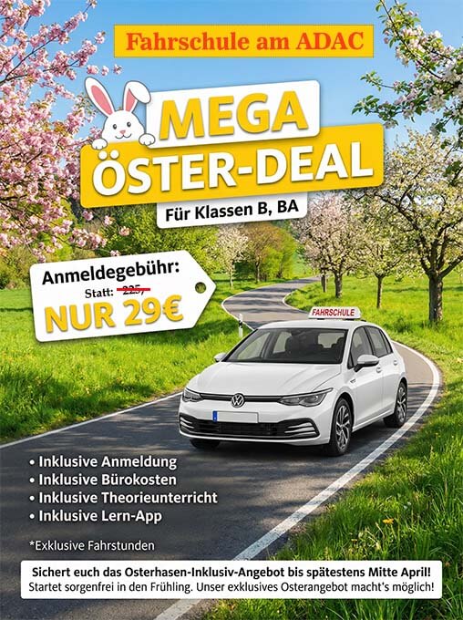 ein weißes auto mit "fahrschule" schild fährt auf einer landstraße, die von blühenden kirschbäumen gesäumt ist. ein bunter text wirbt für einen "mega oster deal" für die fahrschule, der eine reduzierte anmeldegebühr und inklusivleistungen beinhaltet.